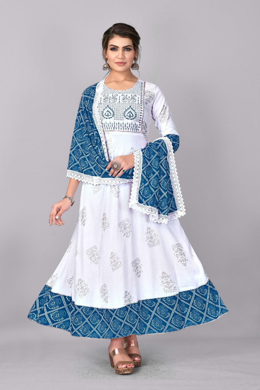 White Feather 1001 Designer Fancy Ethnic Wear Rayon Kurti With Dupatta Collection